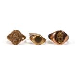 Three 9ct yellow gold signet rings, various sizes, overall 11.1 gms (3)