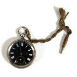 A silver open face pocket watch by John Atterbury, the black dial with white Roman numerals and