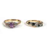 Two 9ct yellow gold dress rings set paste and coloured stones, overall 3.8 gms (2)