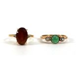 A 15ct yellow gold ring set cabochon emerald and two small diamonds, ring size P and an 18ct ring