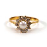 A yellow metal cluster ring set cultured pearl and paste,ring size O 1/2,3.2 gms