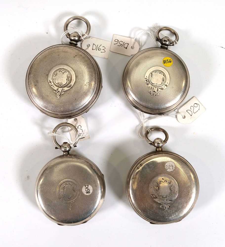 Four 19th century and later silver open face pocket watches, each with white enamelled dials, - Image 2 of 3