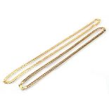 Two 9ct yellow gold flat curblink necklaces, l. 50 cm and 43 cm, overall 45 gms (2)