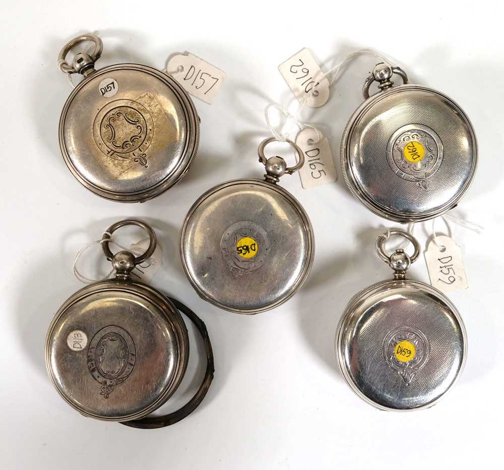 Five 19th century silver open face pocket watches, each with white enamelled dials, black Roman - Image 2 of 3