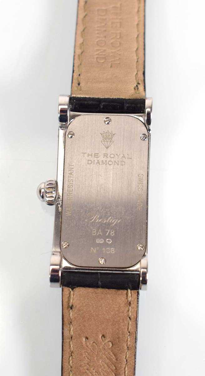 An 18ct white gold Prestige wristwatch by The Royal Diamond, the rectangular dial within a white and - Image 2 of 8