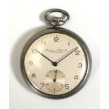 A stainless steel open face dress pocket watch by International Watch Co. (IWC), the silvered dial