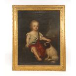 18th Century School,A naive study of a young girl and her canine companion,unsigned,oil on canvas,