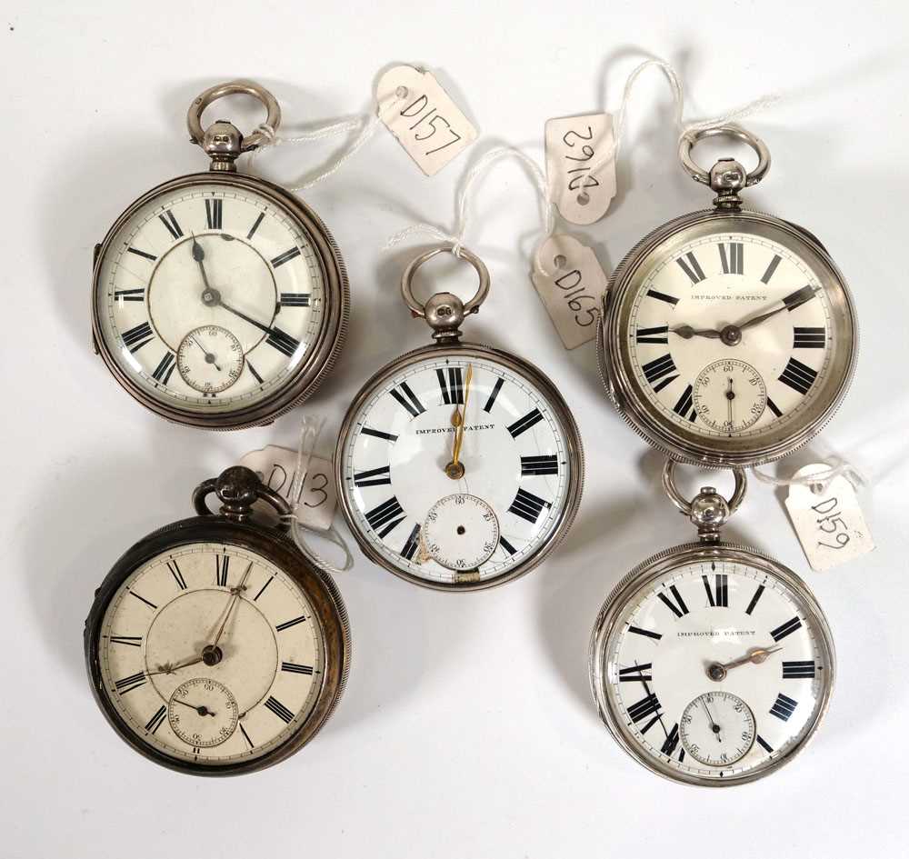 Five 19th century silver open face pocket watches, each with white enamelled dials, black Roman