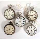 Five 19th century silver open face pocket watches, each with white enamelled dials, black Roman