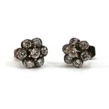A pair of white metal ear studs, each set a cluster of seven small brilliant cut diamonds, d. 9