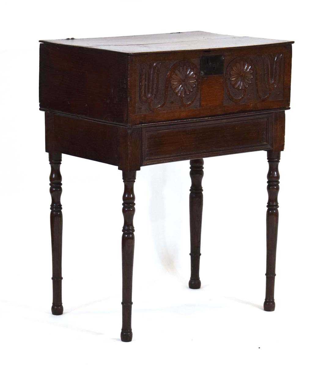 A 17th century and later oak Bible box-on-stand, the carved front converted to a drawer, on turned - Bild 2 aus 6