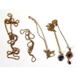 Two 9ct yellow gold pendant necklace set lapis lazuli and garnet and two 9ct gold necklaces, overall
