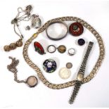 A small group of silver and metalware jewellery including a Chinese export cinnabar type brooch,