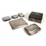 A group of silver comprising a square cigarette box, two cigarette cases and three vesta cases,