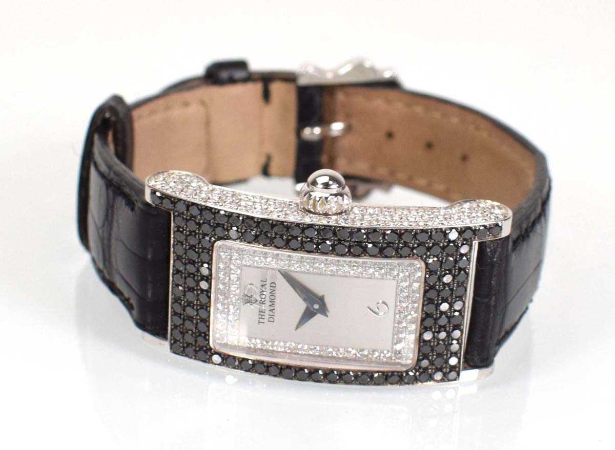 An 18ct white gold Prestige wristwatch by The Royal Diamond, the rectangular dial within a white and - Image 6 of 8