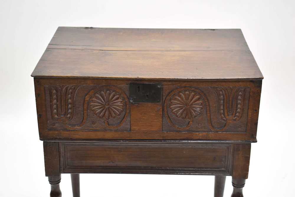 A 17th century and later oak Bible box-on-stand, the carved front converted to a drawer, on turned - Bild 4 aus 6