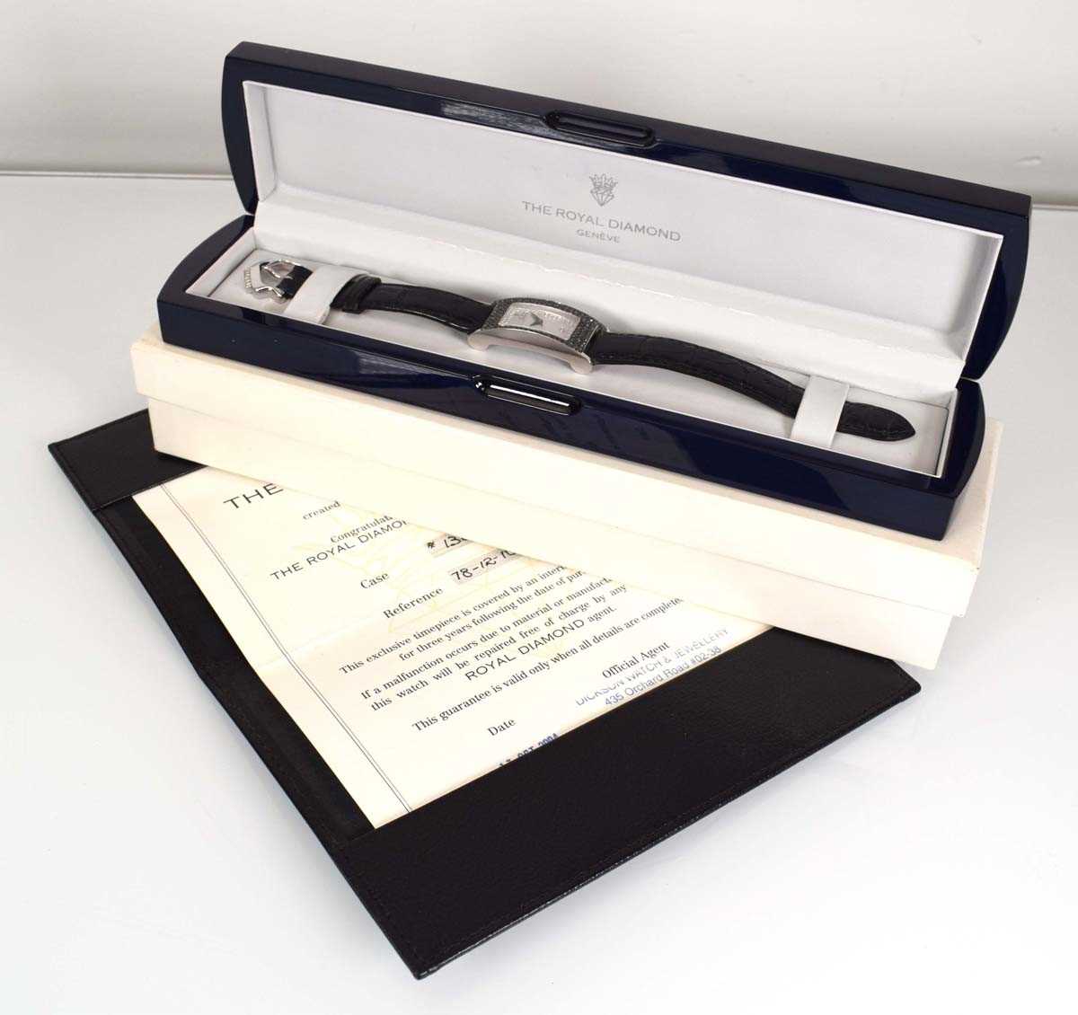 An 18ct white gold Prestige wristwatch by The Royal Diamond, the rectangular dial within a white and - Image 7 of 8