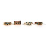 Four early 20th century yellow gold rings, each set turquoise, various sizes, overall 8.7 gms (4) (