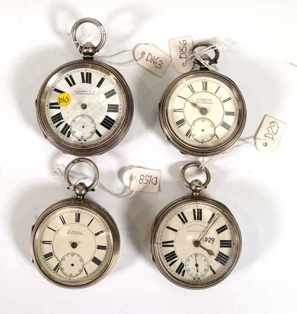 Four 19th century and later silver open face pocket watches, each with white enamelled dials,