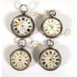 Four 19th century and later silver open face pocket watches, each with white enamelled dials,