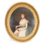 English School (19th century),A half length portrait of a young beauty and her canine companion,
