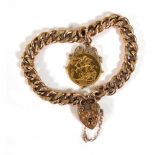 A 9ct yellow gold curblink bracelet with heart shaped padlock clasp suspending a Victorian sovereign