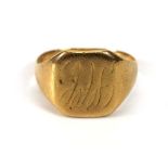 An 18ct yellow gold signet ring,ring size N,4.6 gmsRe-sized and mis-shapened. With personalised