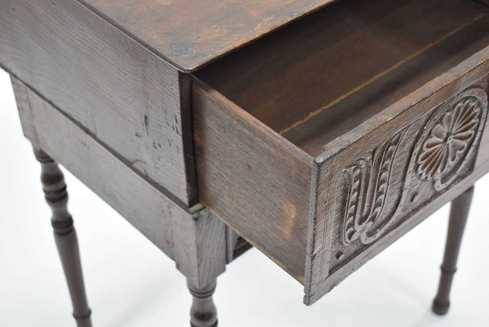 A 17th century and later oak Bible box-on-stand, the carved front converted to a drawer, on turned - Bild 6 aus 6