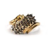 A 14ct yellow gold crossover ring set three rows of small diamonds,ring size M,3.6 gms