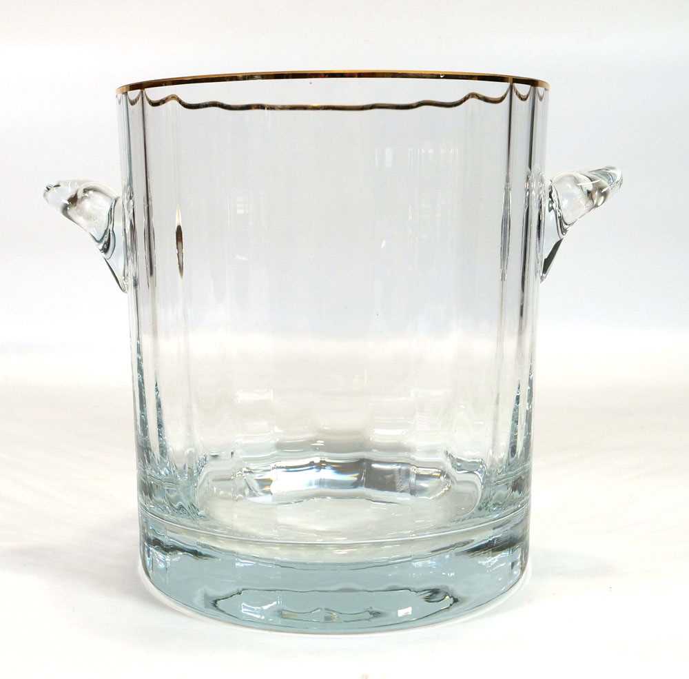 A two handled glass champagne bucket with gilt rim, based etched 'Block', h. 22 cm