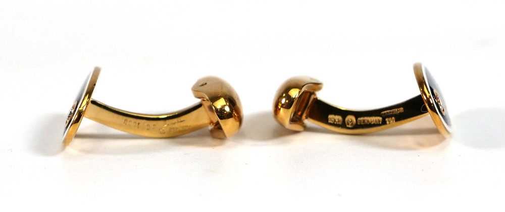 A pair of Faberge 18ct yellow gold cufflink's of oval form, each set a small diamond and decorated - Bild 6 aus 6