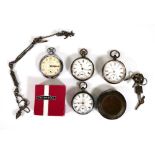 Three silver open face pocket watches, each with white enamel dials and black Roman numerals, max