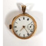 An 15ct yellow gold fob watch, the white enamelled dial with black Roman numerals and second hand