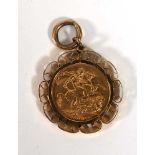 An Edwardian sovereign dated 1906 in a loose 9ct mount, overall 11.5 gms