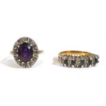 A 9ct yellow gold cluster ring set purple stone, ring size L, 3.4 gms and a further gold coloured