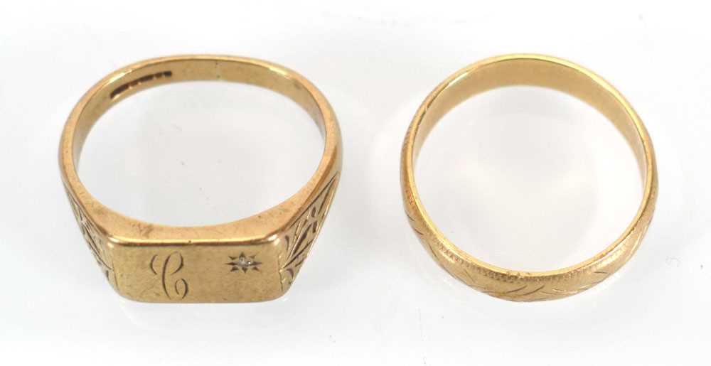 A 9ct yellow gold signet ring set small diamond and a 9ct yellow gold engraved band ring, both - Image 2 of 2