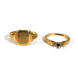 An 18ct yellow gold signet ring, ring size U and an 18ct ring shank (af), overall 6.1 gms (2)Dents