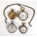 A gold plated full hunter pocket watch by Waltham, a similar open face pocket watch, a base metal