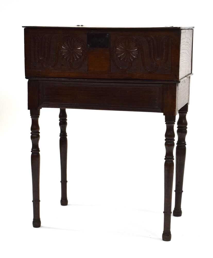 A 17th century and later oak Bible box-on-stand, the carved front converted to a drawer, on turned - Bild 3 aus 6