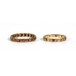 Two 9ct yellow gold eternity ring set paste, ring sizes N and Q, overall 3.3 gms (2)