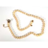 A single strand pearl necklace with yellow metal clasp set diamond and pearl cluster, l. 45 cm,
