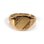 A 9ct yellow gold signet ring with engraved decoration and vacant cartouche, ring size S,6.7 gms