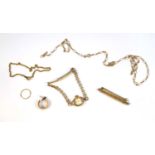 A 9ct yellow gold oval link necklace (af), a 9ct bar brooch, a part 9ct gold ladies wristwatch,