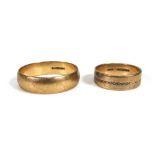 Two 9ct yellow gold wedding bands,ring sizes M and Y,overall 7 gms (2)