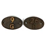 Two locomotive shedplates, 9G and 26F, together with two enamelled plates (4)