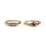 An 18ct yellow gold ring set small ruby and two small diamonds and an 18ct yellow gold ring set