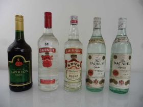 5 various old bottles, 2x Smirnoff Vodka 37.5% 1 litre/75cl, 2x Ron Bacardi Superior Carta Blanca