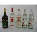 5 various old bottles, 2x Smirnoff Vodka 37.5% 1 litre/75cl, 2x Ron Bacardi Superior Carta Blanca