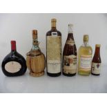 6 various old bottles, 1x Chianti Magni Poggibonsi Vintage 1948, 1x Asda Liebfraumilch 9% 1.5 litre,