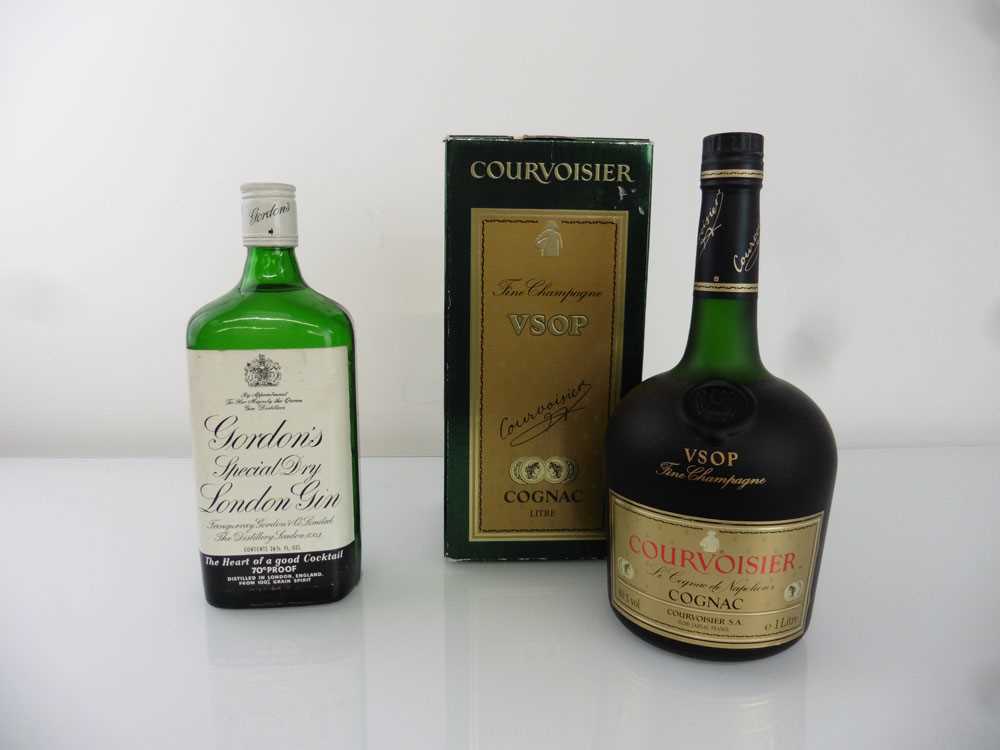 2 bottles, 1x Courvoisier VSOP Fine Champagne Cognac old style with box 40% 1 litre & 1x Gordon's